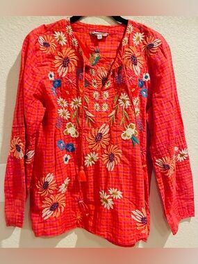 Embroidered Johnny Was Floral Peasant Blouse in Bright Coral-Red